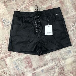 Ramius Black High Waist Lace-Up Shorts Faux Leather